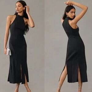 Anthropologie Halter Slit Fringe Midi Dress Sleeveless Linen Cotton Blend Black
